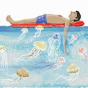 Man Relaxing On Air Bed Unaware Poster