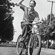 Man Riding Bicycle, Waving, B&w Poster