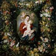 'mary Virgin And Child With Wreath Of Flowers And F... Poster