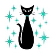 Mid Century Cat With Aqua Starbursts Poster