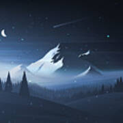 Night Mountain Winter Landscape Vector Poster