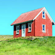 Red House Green Grass Blue Sky Poster