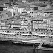 Ribeira Waterfront Porto Portugal Black And White Poster