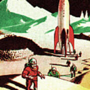 Rocket And Astronauts On Moonscape Poster