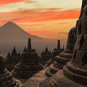 Rooftop At Sunset, The Buddhist Temple Of Borobudur, Java, Indonesia Poster
