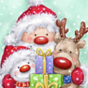 Santa, Reindeer And Snowman Poster