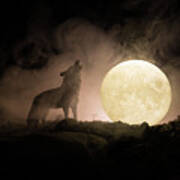 Silhouette Of Howling Wolf Against Dark Poster