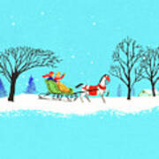 Snowy Horse Drawn Sleigh Scene Poster