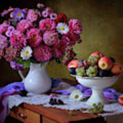 Still Life With A Bouquet Of Asters And Fruits Poster