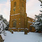 Stone Church In The Snow At Sunset Poster