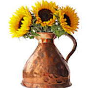 Sunflowers In Copper Pitcher On White Poster