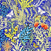 Tapestry Design In Blue And Yellow With Orange Flowers And White Butterflies Poster