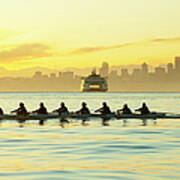 Team Rowing Boat In Bay Poster