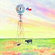 Texas Windmill Bluebonnets And Cattle Poster