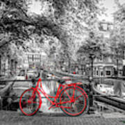 The Red Bike In Amsterdam In Color Selected Black And White Poster