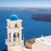 Thira - White Bell Tower Overlooking Poster