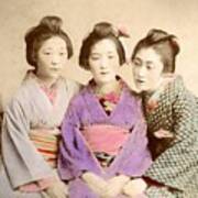 Three Geisha Handcolored Japanese Albumen Print From A Tourists Album Of The Early 20th Century Poster