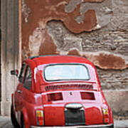Tiny Red Vintage Car Parked In Rome Poster