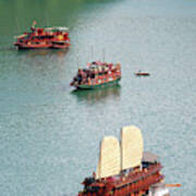 Tourist Wooden Boats At Halong Bay Vietnam Poster