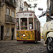 Tram And Motorbike In Lisbon Poster