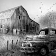 Truck In The Fog In Black And White Poster