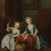 Two Children Of The Nollekens Family, Probably Jacobus And Maria Sophia, Playing With A Top And Playing Cards, 1745 Poster