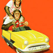 Two Chimpanzees Driving A Toy Car Poster