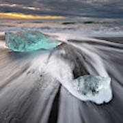 Icebergs On A Black Sand Beach At Sunrise Poster