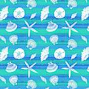 Vibrant Seashell Pattern Tan Teal Background Poster