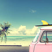 Vintage Car In The Beach Poster
