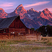 Weathered Wooden Barn With Mountains Poster