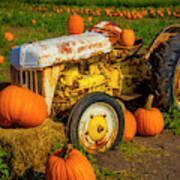 White Tractor With Pumpkins Poster