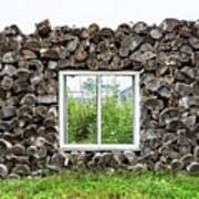 Window Within Wall Made Of Tree Logs Poster