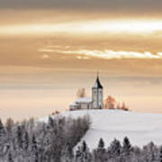 Winter Sunrise At Jamnik Church Of Saints Primus And Felician Poster