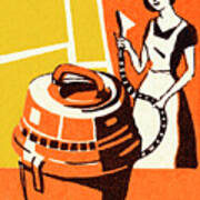 Woman Cleaning With A Canister Vacuum Poster