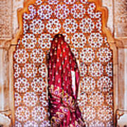 Woman In Sari At Decorated Window Poster