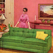 Woman In Sunglasses Standing Behind Couch Poster