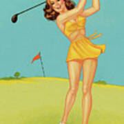 Woman In Yellow Playing Golf Poster