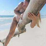Woman Laying On Weathered Tree On Beach Poster