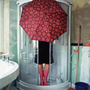 Woman Standing Under Umbrella In Shower Poster