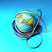 World Globe Wrapped Up In Telephone Wire Poster