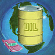 World With Oil Barrel And Car Poster