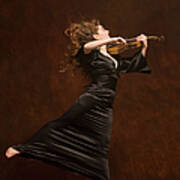 Young Woman Playing Violin And Jumping Poster
