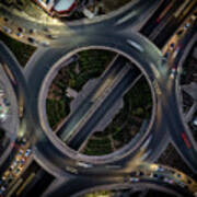 Aerial Drone Top View Of A Modern Motorway Junction Roundabout With Cars Moving. Transportation Infrastructure, #1 Poster