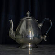 Silver And Brass Teapots Black Background Marble Table Poster