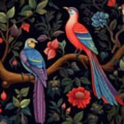 Textile Pattern Pattern Of Birds On Branches Flowers And Plants  #1 Poster