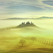 Farmland In A Foggy Morning Poster