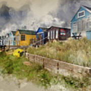 Watercolor Painting Of Lovely Beach Huts On Sand Dunes And Beach #3 Poster