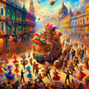 A Bustling Colorful Carnival In A South American City Poster