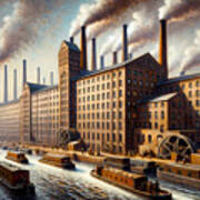 A Bustling Cotton Mill During The Industrial Revolution, With Smokestacks And Canals. Poster